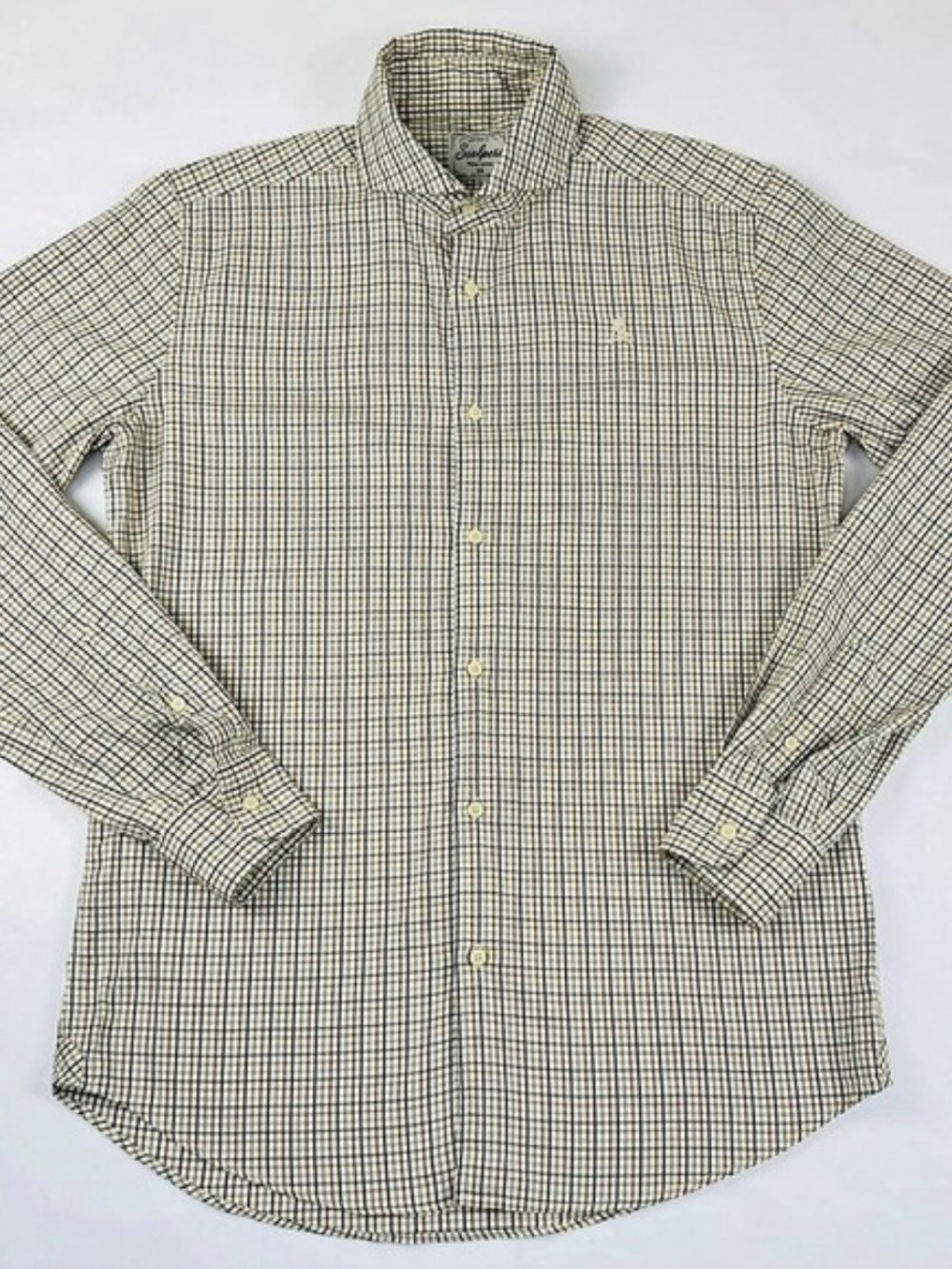 Scalpers Button Down Shirt Size 39 M Cream Brown Check Skull Embroidery Portugal